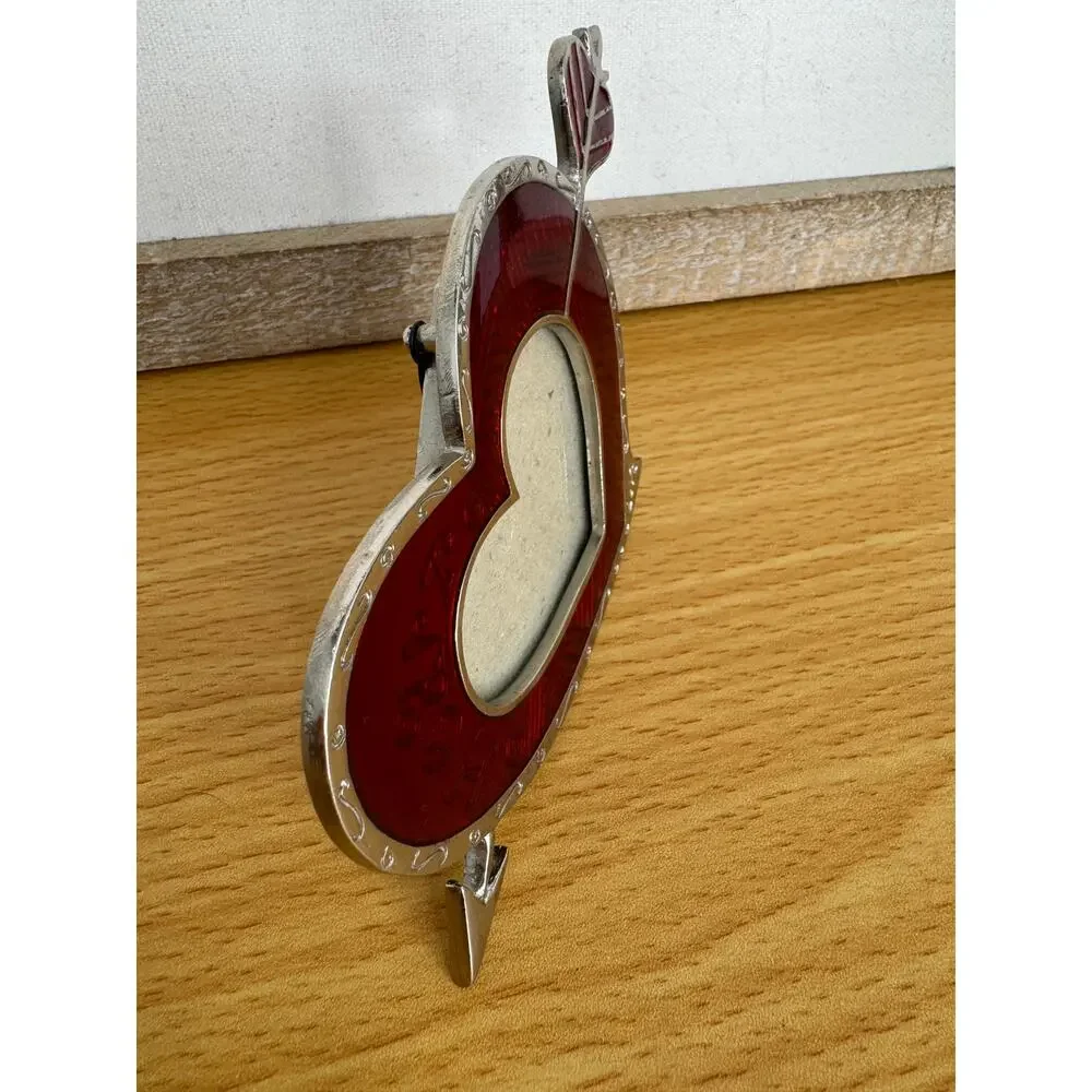 VTG heart shaped photo frame cupid arrow enamel red silver tone desktop love